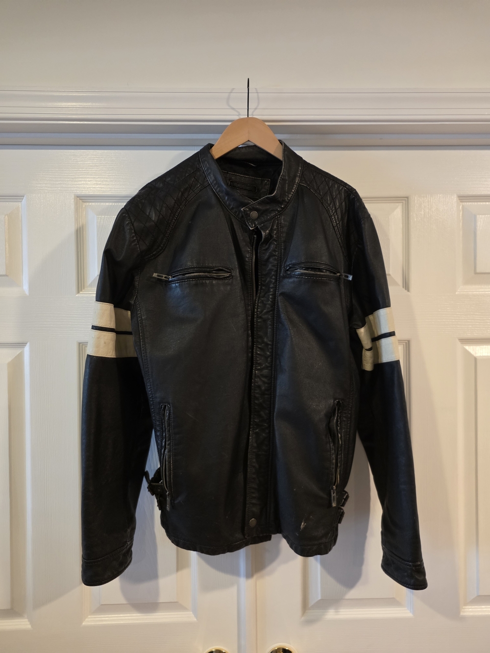 Black Leather Bomber Jacket with White Sleeve Stripes